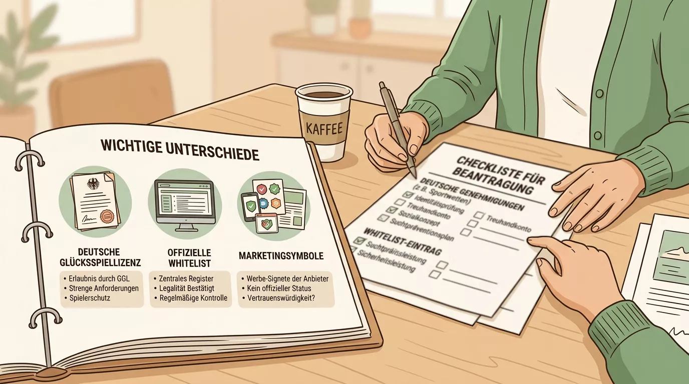 Ruhige Schreibtischszene mit Prüfliste zu deutscher Erlaubnis und Whitelist